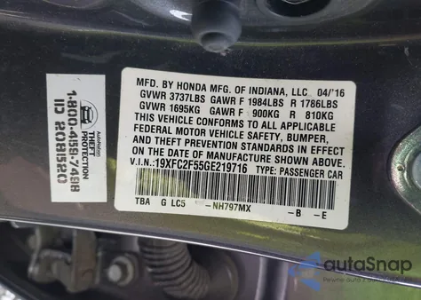 2016 Honda Civic Lx z USA, uszkodzony, nr VIN 19XFC2F55GE219716